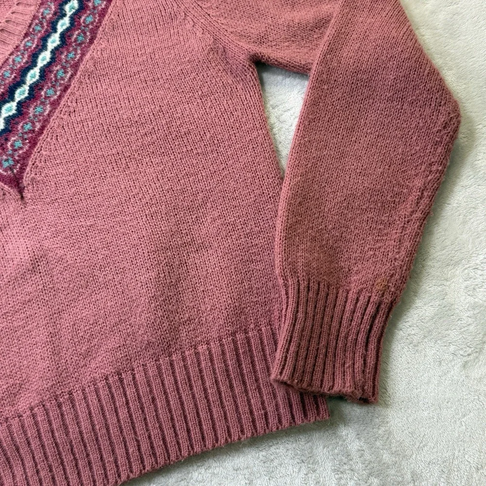 Vintage Juniorite Fair Isle V Neck Sweater Womens L Pink Acrylic Knit 80s 90s